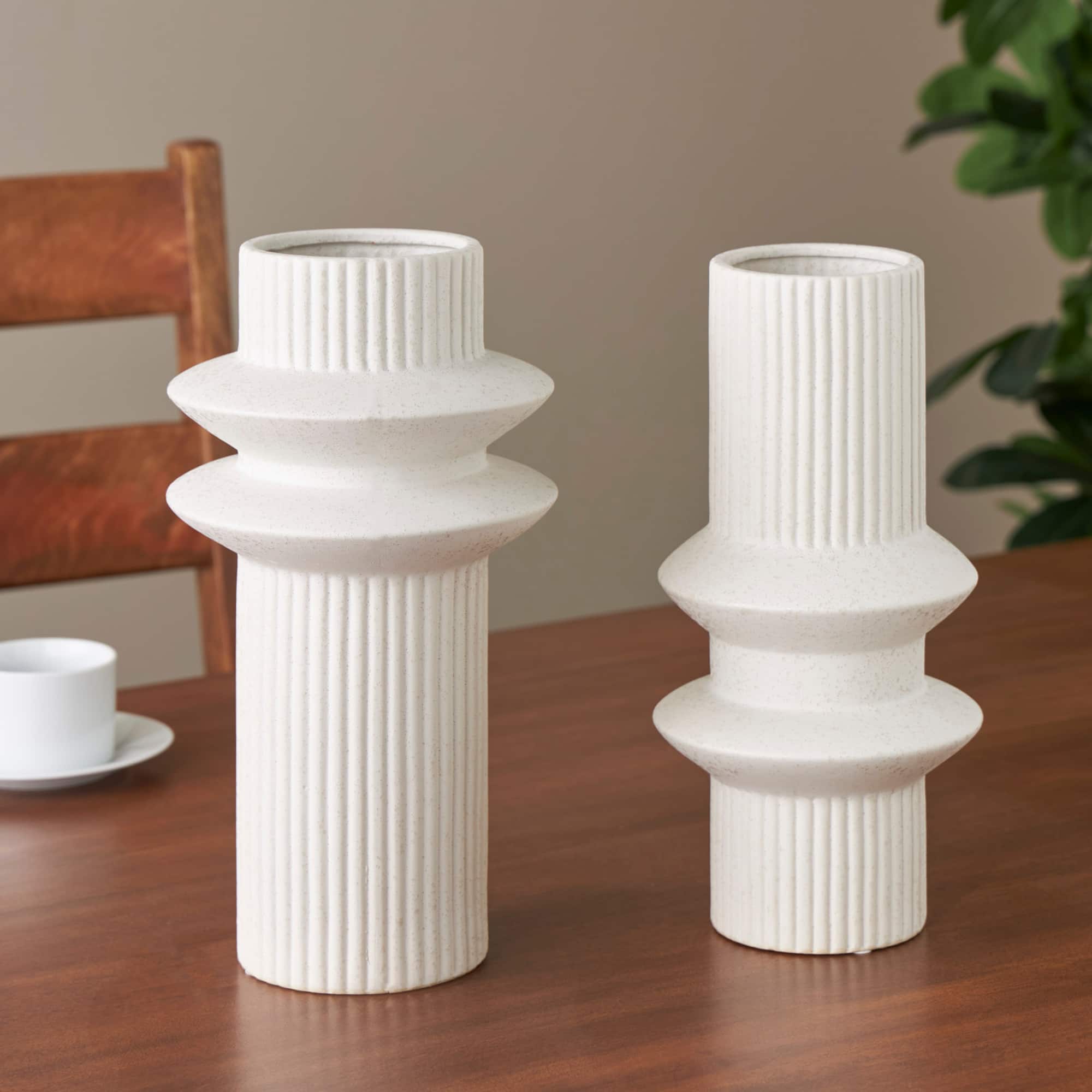 White Ceramic Abstract Ribbed Vase with Speckled Texturing